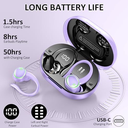 Wireless Earbuds, Bluetooth 5.4 Headphones Sports, 50H Playback Over-Ear buds with ENC Noise Cancelling Mic