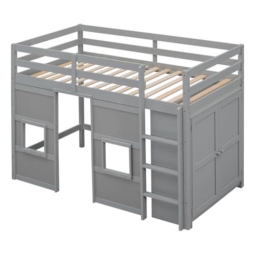 Full Size Loft Bed with L-Shaped Desk, Wardrobe and Storage Shelves, Solid Wood Bedframe w/Safety Guardrails & Ladder for Kids Teens Adults
