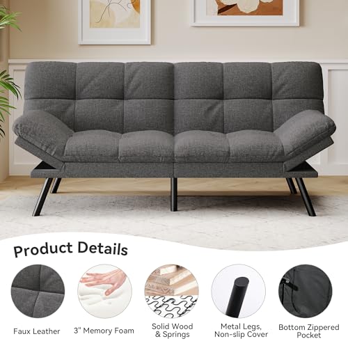 71" Convertible Futon Sofa,Faux Leather Futon Couch Bed,Sleeper Sofa Bed,Memory Foam Modern Folding Small Loveseat for Living Room,Office,Apartment