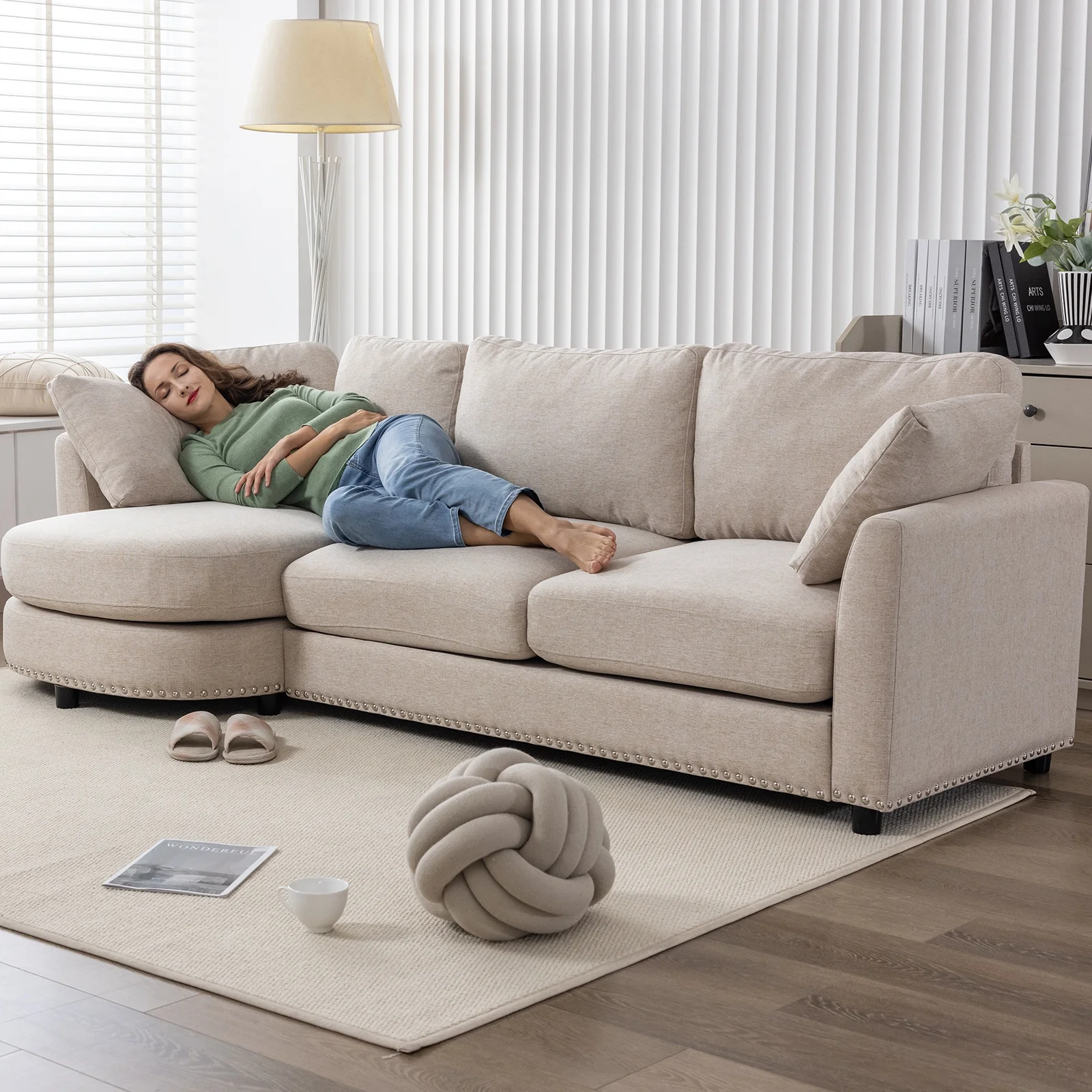 Puremind Sectional Sofa Couch with Chaise, Upholstered Curved Couch for Living Room/Apartment(Beige)