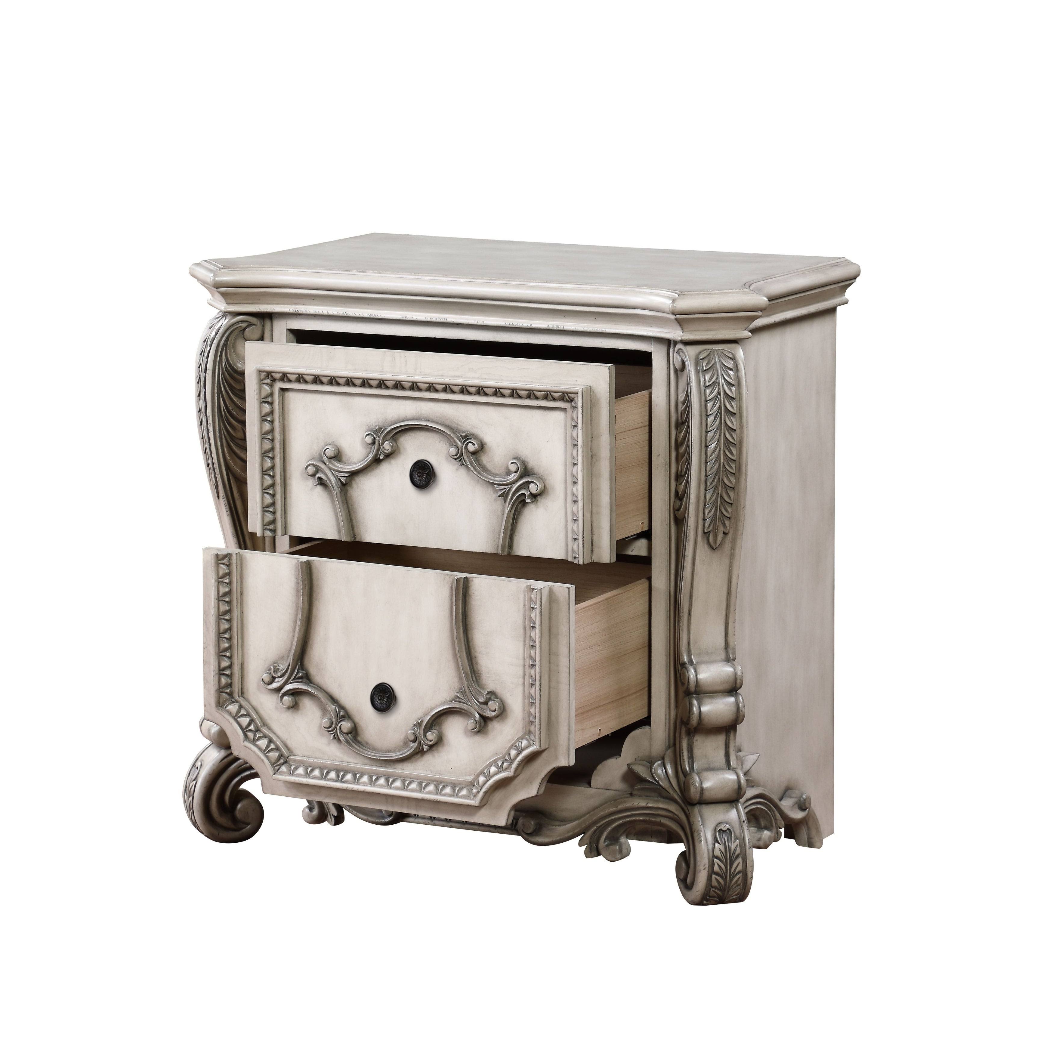 Benzara BM218540 Intricately Carved Wooden Nightstand with 2 Storage Drawers Antique White