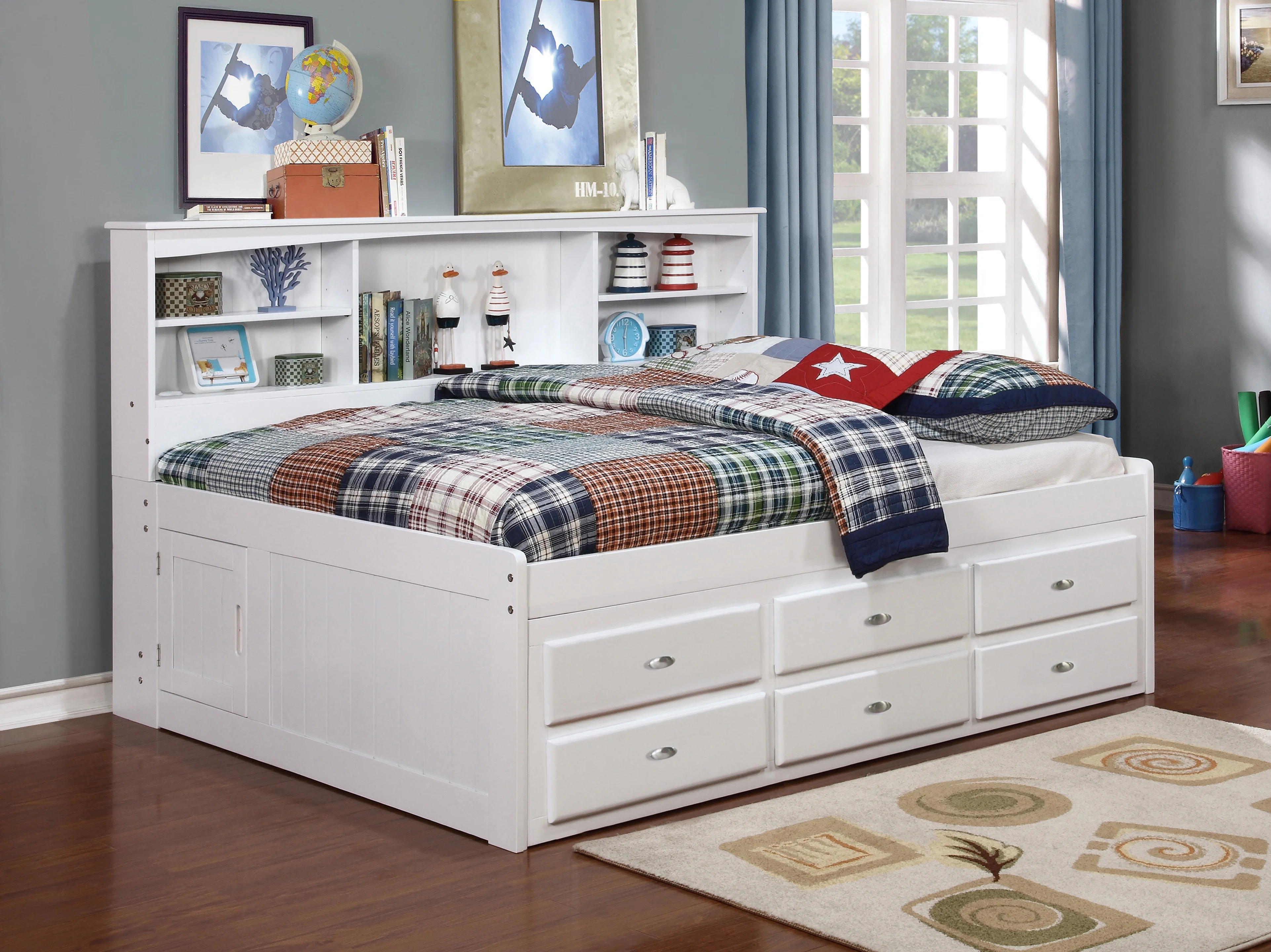 OS Home and Office Furniture, Model 80223K3-22, Solid Pine Full Bookcase Daybed with 3 Drawers and a Twin Trundle in Casual White