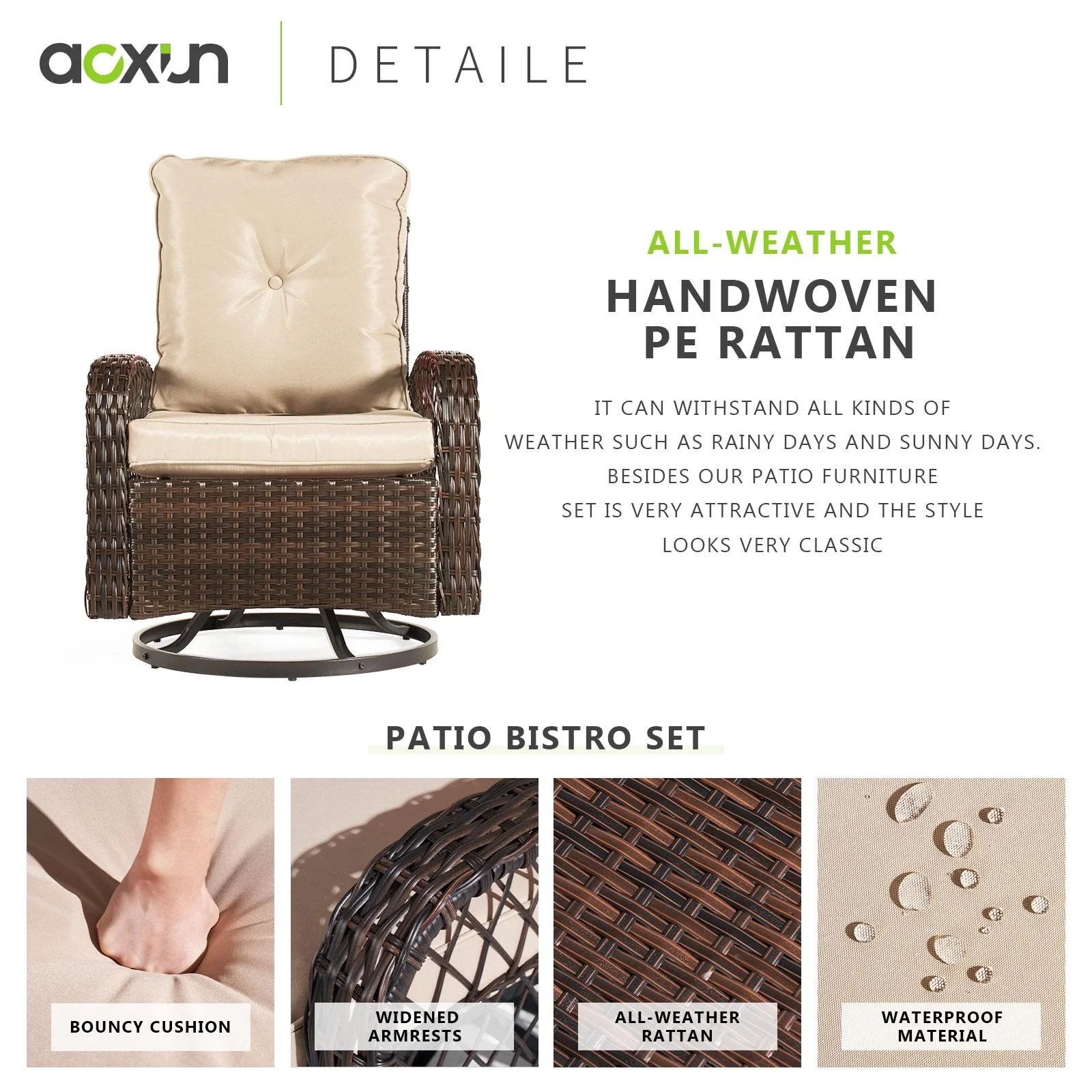 Aoxun 3 Piece Patio Chairs Set, Swivel Rocking Chairs for Patio, Wicker Bistro Set with Beige Cushions, Outdoor Swivel Rocker - Radiant Selections