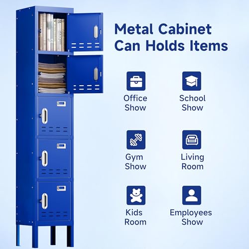 Locker Metal Storage Cabinet, Steel Office Storage Lockable Lockers for Employees Kids School Gym Home Garage Locker with Mirror & Hooks (5 Doors