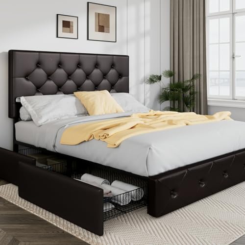Allewie Upholstered Queen Size Platform Bed Frame with 4 Storage Drawers and Headboard, Square Stitched Button Tufted