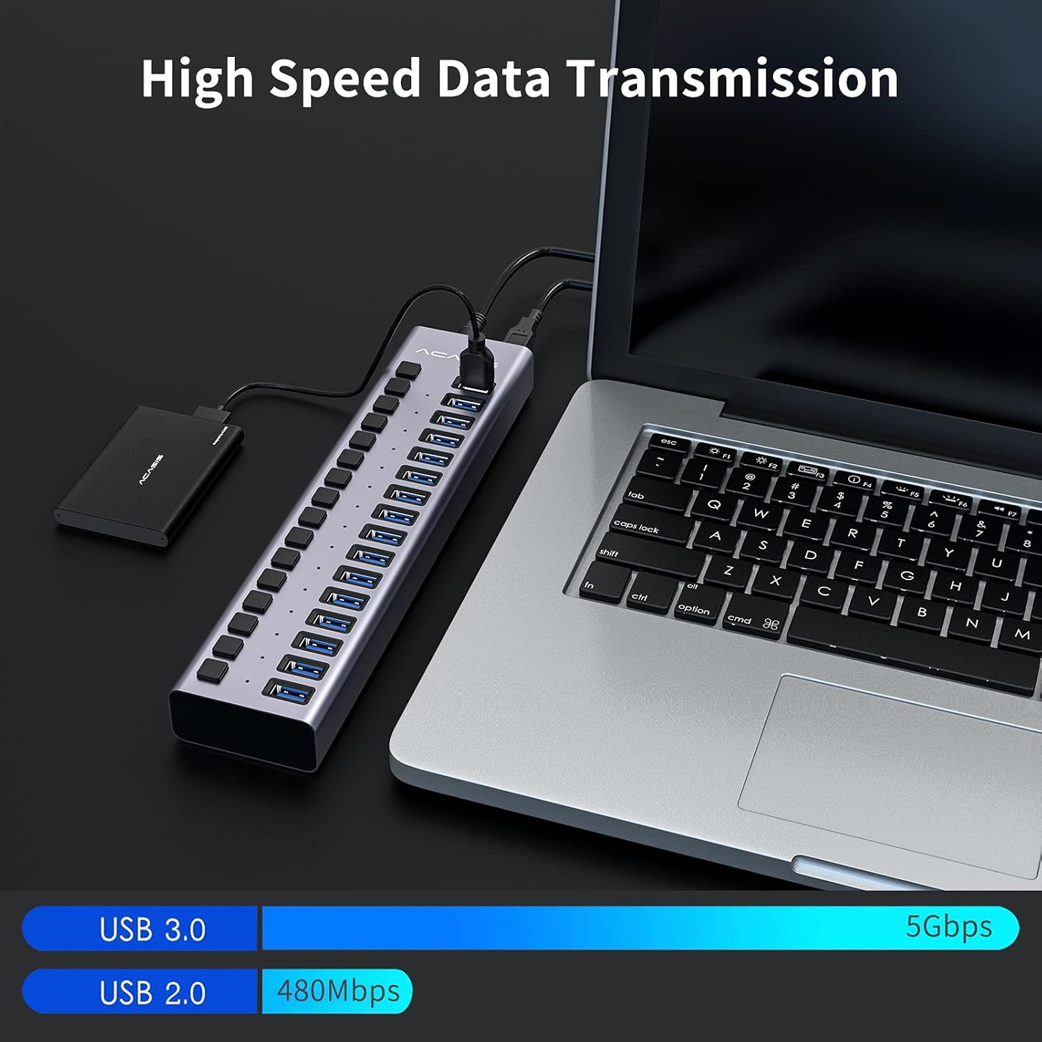 ACASIS Powered USB Hub 16 Ports USB 3.0 Data Hub with Individual On/Off Switches and 12V7.5A 90W Power Adapter USB Hub 3.0 Splitter for Laptop, PC