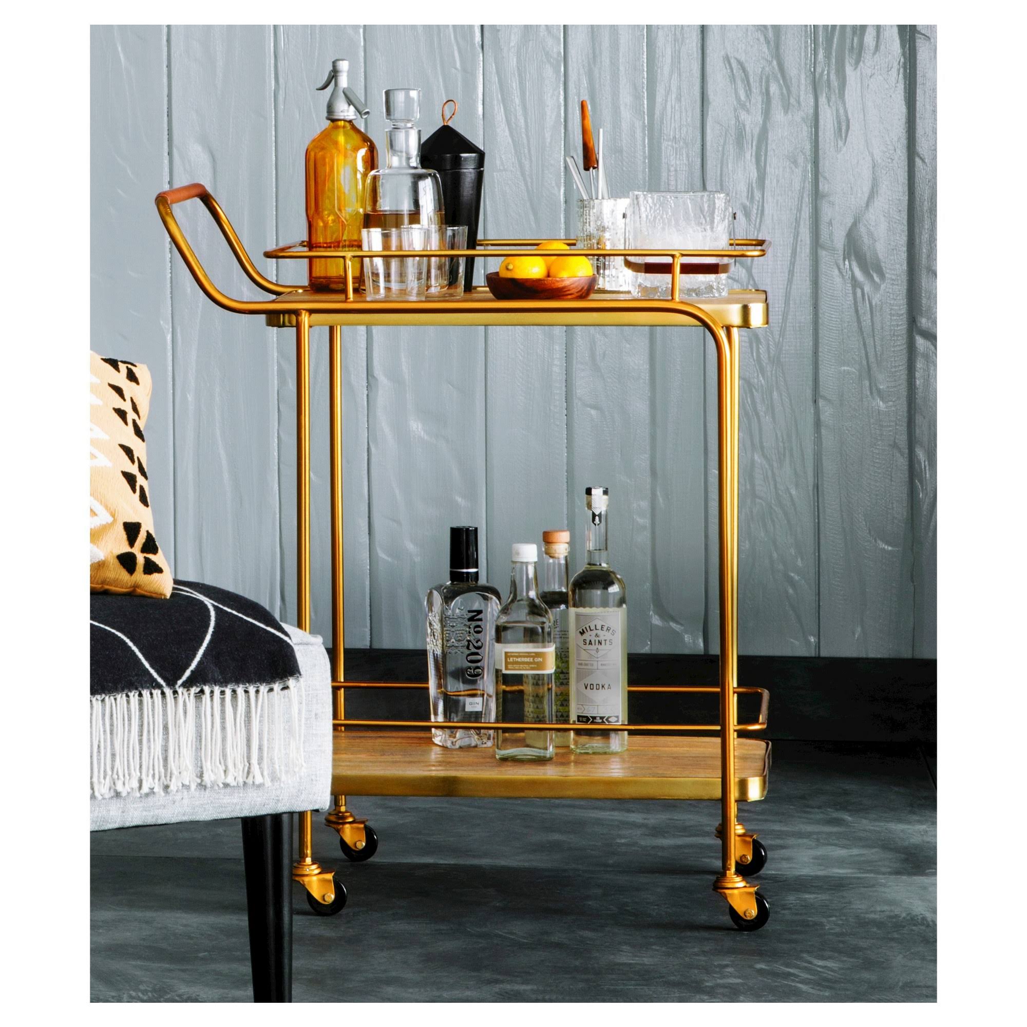 Metal, Wood, and Leather Bar Cart - Gold - Threshold