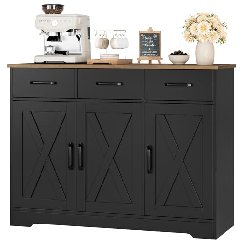 HOSTACK Modern Farmhouse Sideboard Buffet Cabinet, Barn Doors Buffet Storage Cabinet with Drawers and Shelves