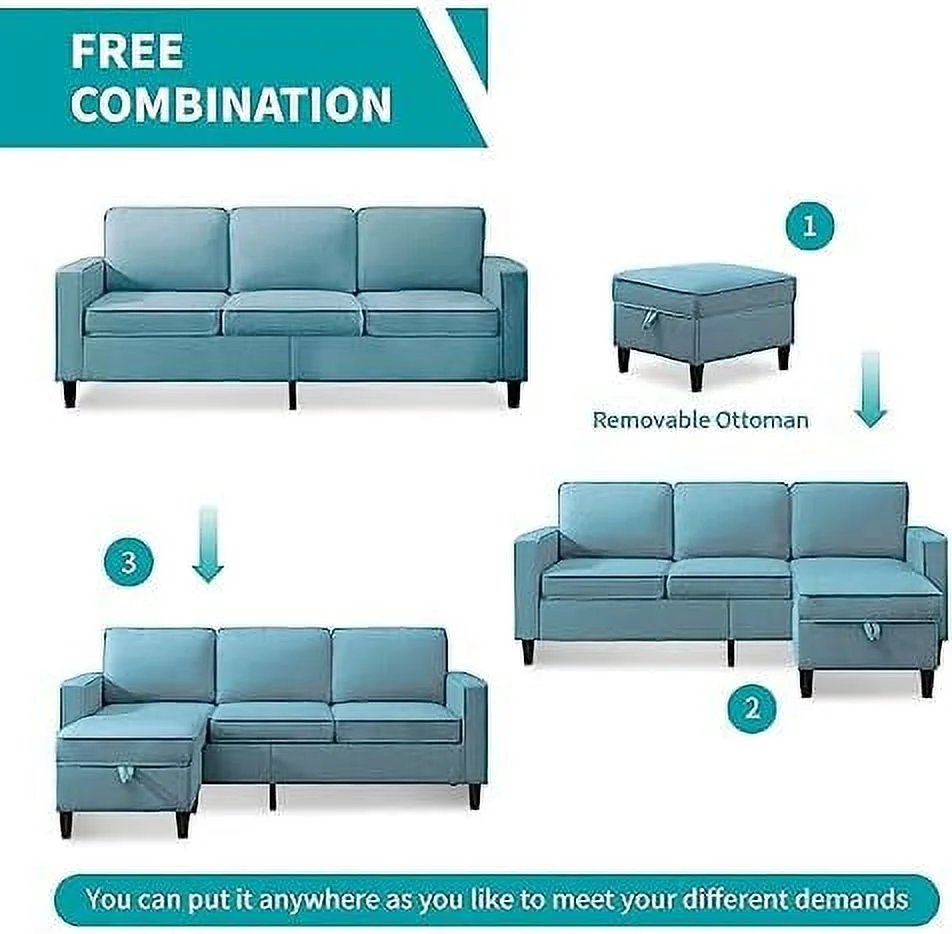 YZboomLife Convertible Sectional Sofa  L Shaped Couch with Reversible  Ottoman  Modern 3 Seat Modular Sofa for Living Room Small Space Apartment