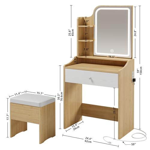LIKIMIO Small Makeup Vanity Desk with Mirror and Lights, Vanity Table Set with Storage Drawer, Chair and Three Shelves, Bedroom, White