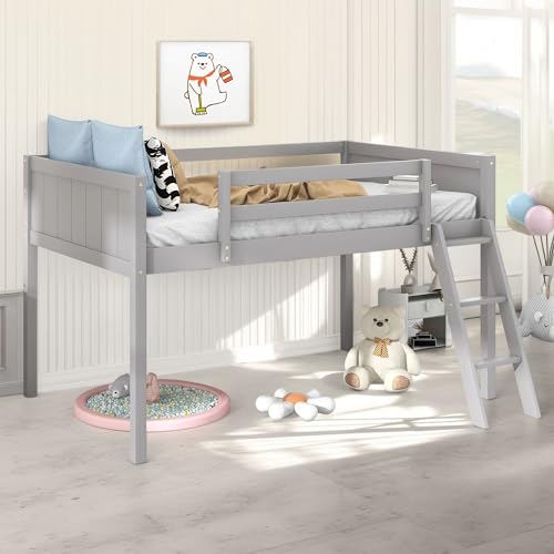 Full Size Loft Bed with L-Shaped Desk, Wardrobe and Storage Shelves, Solid Wood Bedframe w/Safety Guardrails & Ladder for Kids Teens Adults