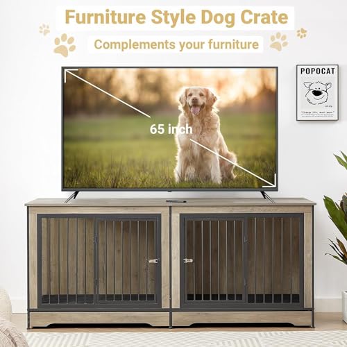 Rovibek 86" Stackable Dog Kennel Furniture with Removable Divider & 3 Doors, Double Dog Crates Furniture for 2 Dogs, Corner Dog Crate Furniture