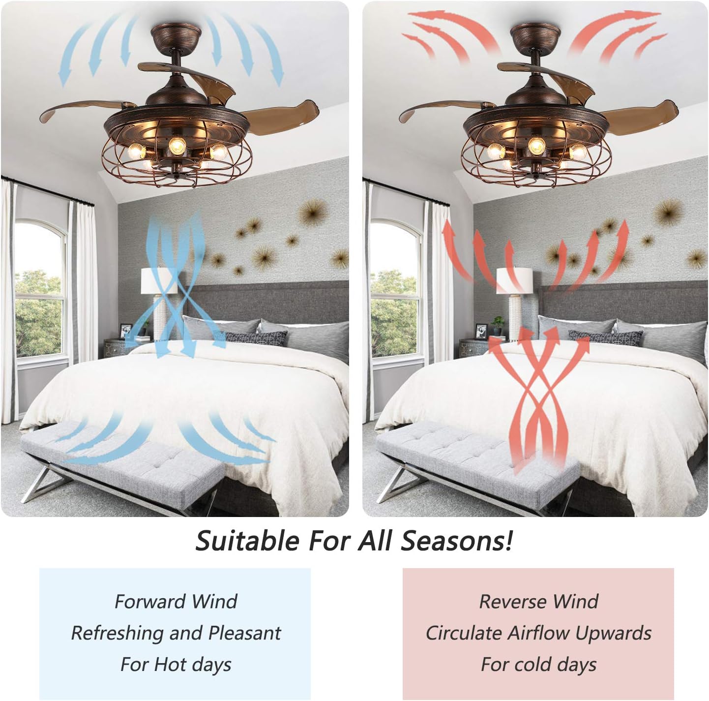 Siljoy 48 Retractable Blades Chandelier Ceiling Fan Industrial Retro Fandelier with Remote