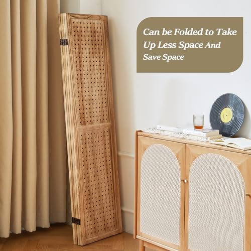 4 Panel Room Dividers and Folding Privacy Screens, 5.6Ft Wooden Pegboard Display, Privacy Dividers for Bedroom