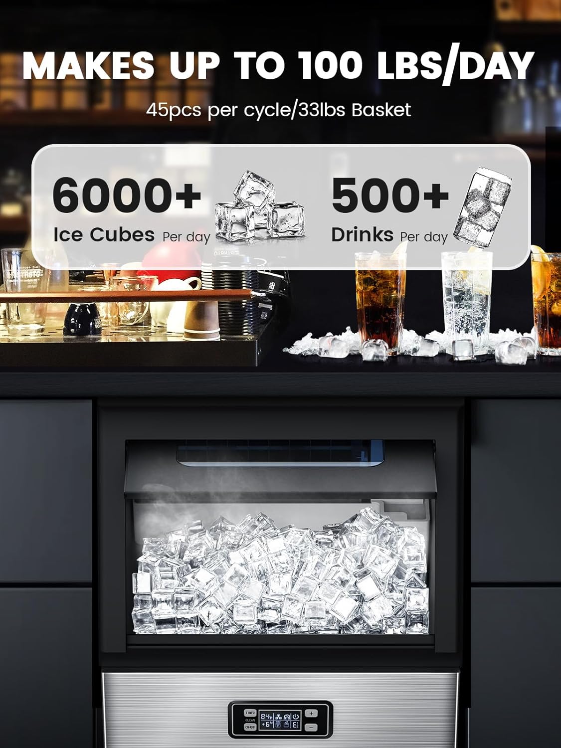 Kndko Commercial Ice Maker Machine, 100 lbs/24H, Stainless Steel Ice Maker with 2 Way Add Water, Under Counter Ice Machine, Freestanding Ice Maker