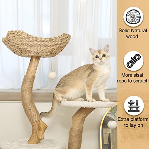 Modern Cat Tree for Indoor Small Cats - Real Wood Cat Tower with Scratch Post, Hiding Enclosure - Unique, Boho,White