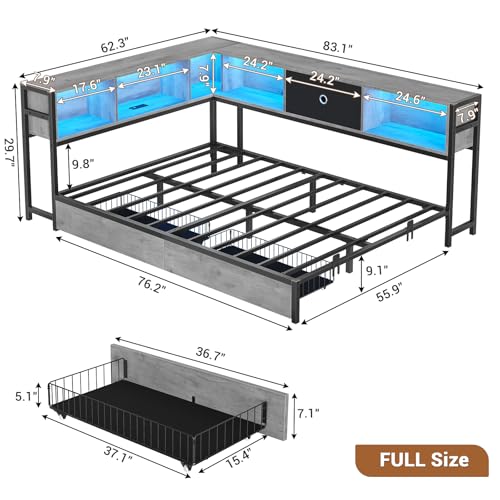 Hasuit Corner Bed Frame with Storage Bookcase, Twin Daybed with Storage Drawers Underneath, Kids Bed Unit with Charging Station and LED Light
