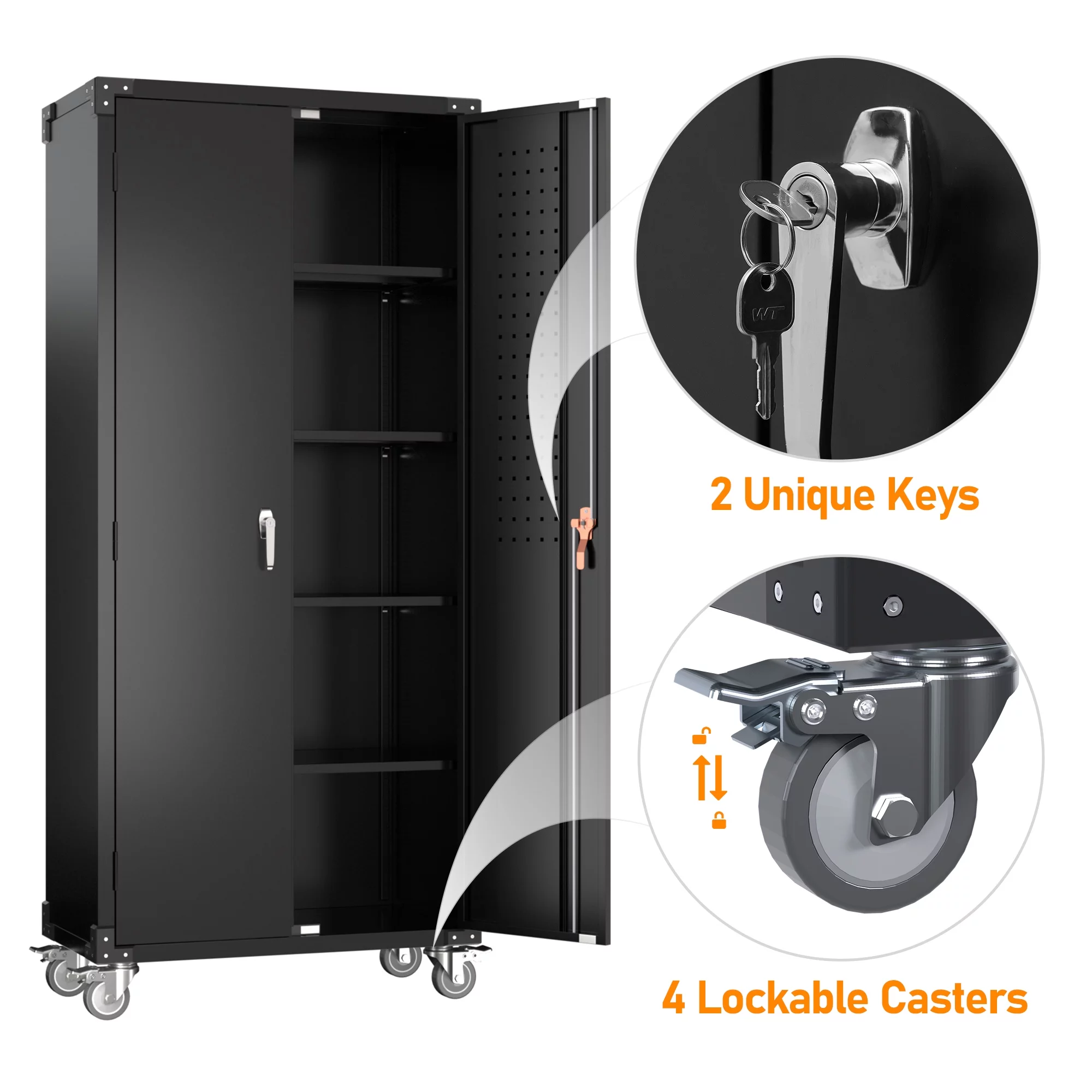 SUPEER 72 Inches Black Metal Storage Cabinet with Wheels and Pegboard, Rolling Storage Garage Cabinet with Adjustable Shelves and Door for Garage