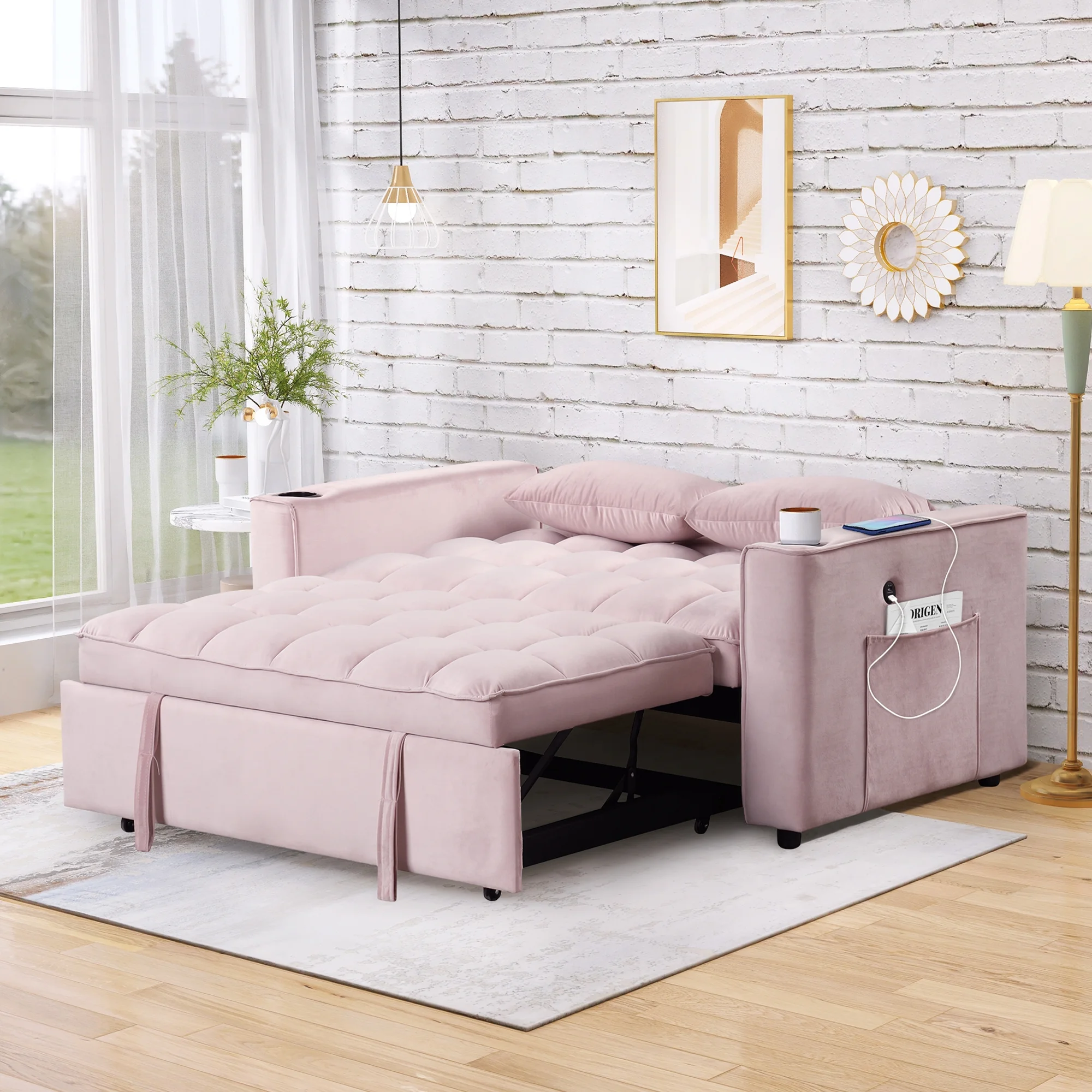 Hombay Modern Convertible Sleeper Sofa Bed, Folding Futon Couch Loveseat with Cup Holder and USB Charging Ports for Living Room Bedroom Apartment