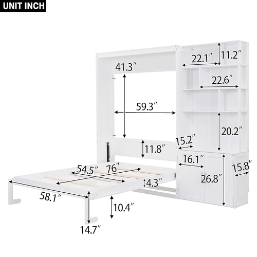 Queen Size Murphy Bed with Desk, 68 inch Murphy Bed Frame, Solid Wood Foldable Platform Bed,Foldable Cube Cabinet Queen Platform Bed