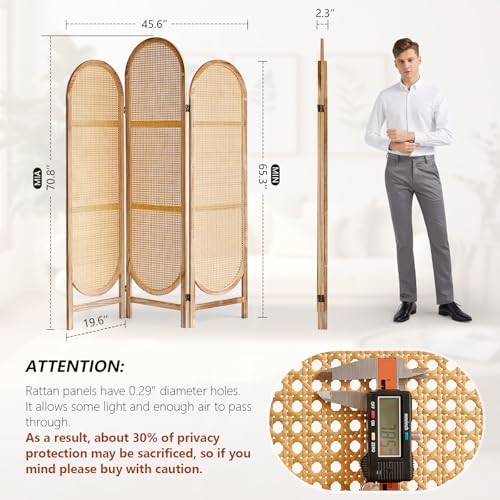 5.9 Ft Tall Hand-Woven Rattan Room Divider 3 Panels, Wood Room Divider Panel, Folding Screen Divider Wall, Wall Divider for Room Separation