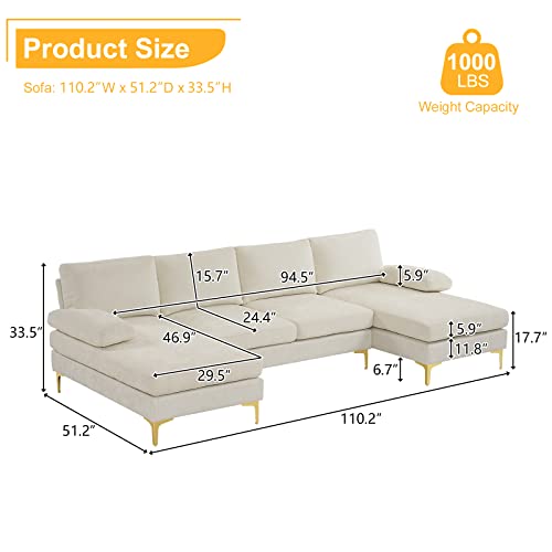 Karl home Convertible Sectional Sofa 110" U-Shape Sofa Couch 4-Seat Couch with Chaise ChenilleFabric Upholstered for Living Room, Apartment, Office