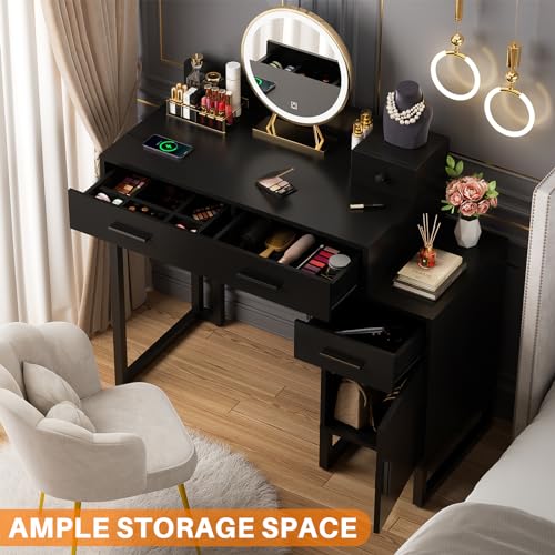 Vanity Desk with 4 Storage Drawers - Modern Makeup Vanity Table with Charging Station