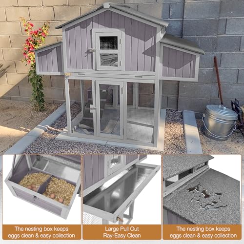 Chicken Coop Large Wooden Chicken Tractor for 6&ndash;8 Chickens, Outdoor Hen House with Metal Run Poultry Cage-Upgraded All Metal Frame