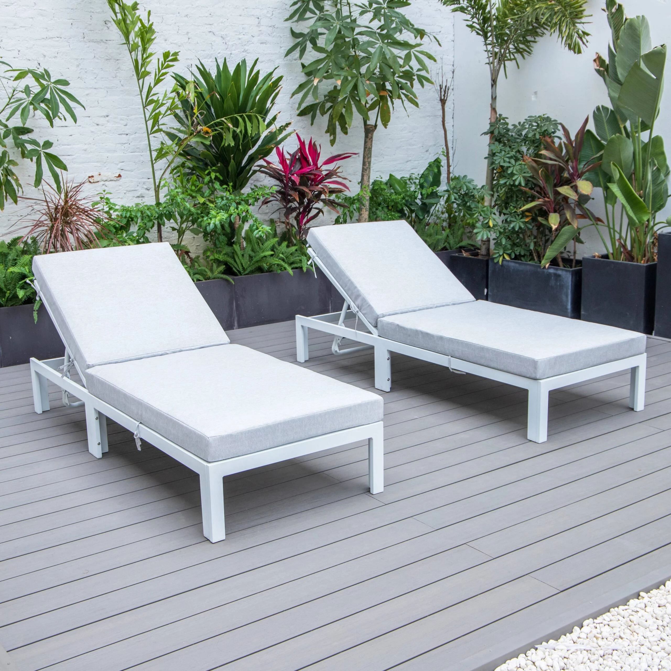LeisureMod Chelsea Modern White Aluminum Outdoor Patio Chaise Lounge Chair Set of 2 With Light Grey Cushions