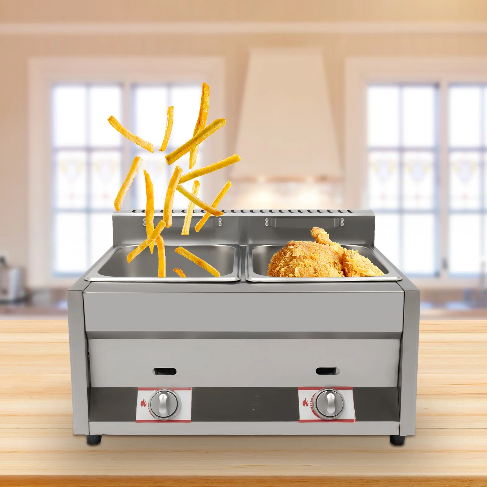 Miumaeov LPG Gas Deep Fryer 2 Burners Commercial Countertop Deep Gas Fryer Natural Gas Food Warmer Stainless Steel 12L for French Fries Restaurant