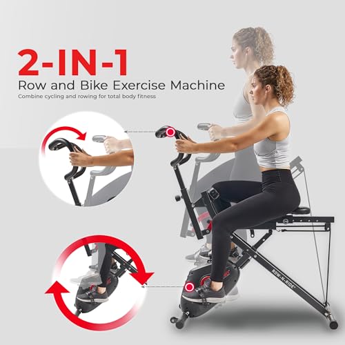 Sunny Health & Fitness Row-N-Ride PRO, Full Body Combo Squat Machine w/Optional Resistance Band, Easy Setup Ab Workout Exercise Equipment for Home
