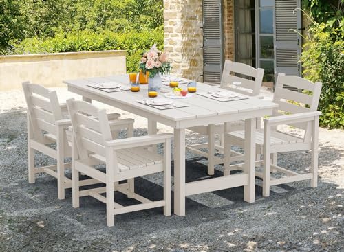 SERWALL Outdoor HDPE Dining Table Set, 7-Piece Outdoor Dining Table Sets with Umbrella Hole Cut-Out Table and 6 Chairs, Gray
