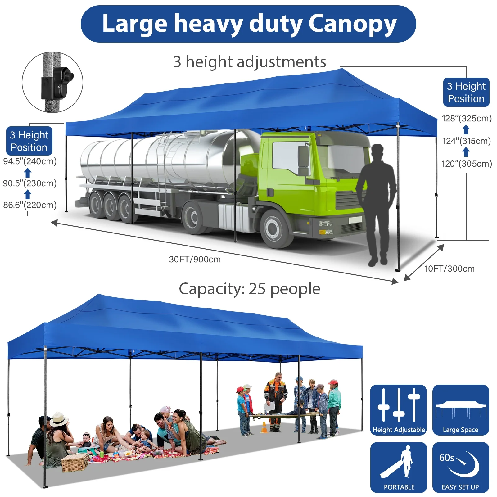 SANOPY 10x30 ft Pop up Outdoor Canopy Tent, Heavy Duty Canopy with 8 Wind Ropes, 3 Heigh Adjustable Gazebo Shelter with Wheeled Bag for Party