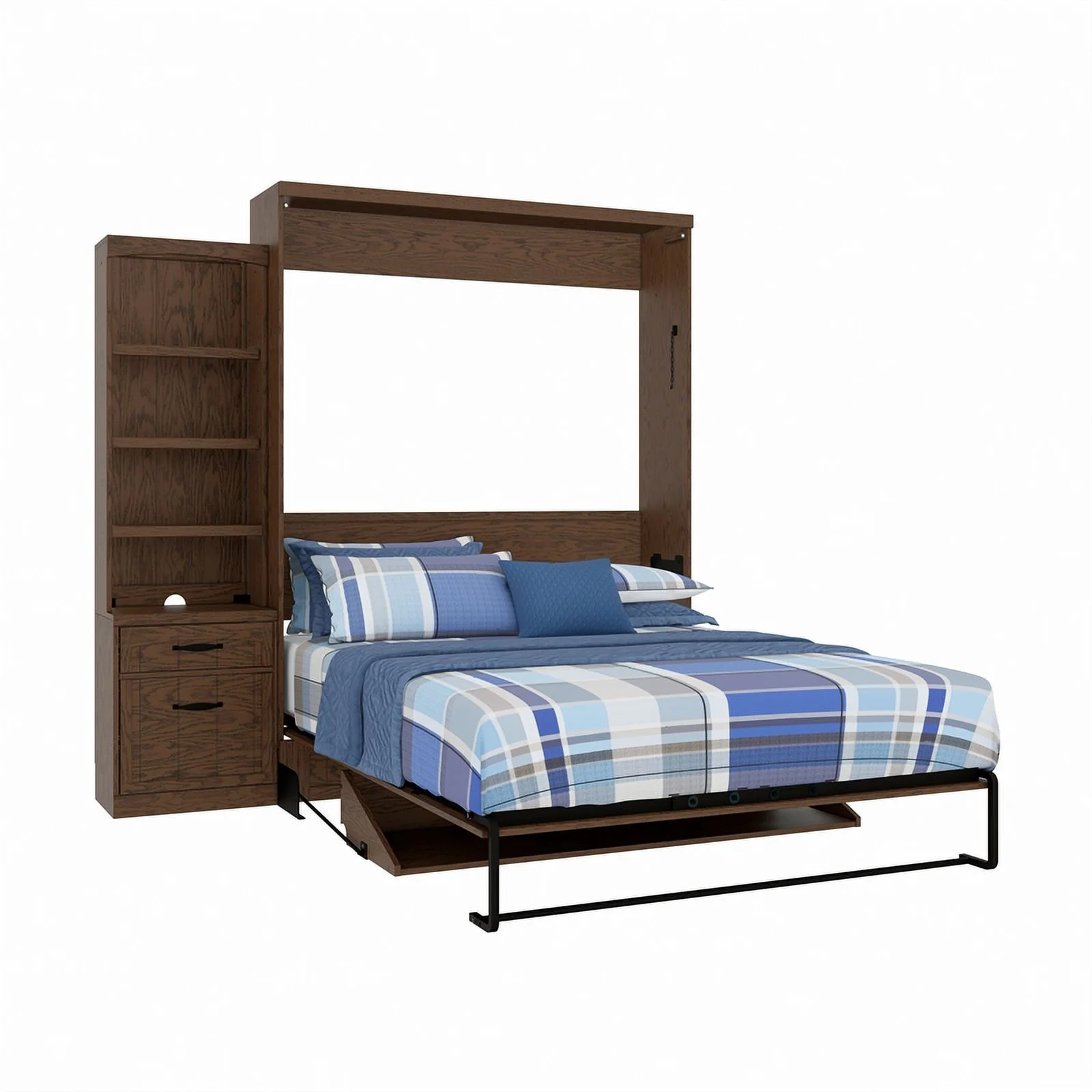 RoomAndLoft Cape Cod Wood Queen Murphy Wall Desk Bed & Shelf Storage in Brown