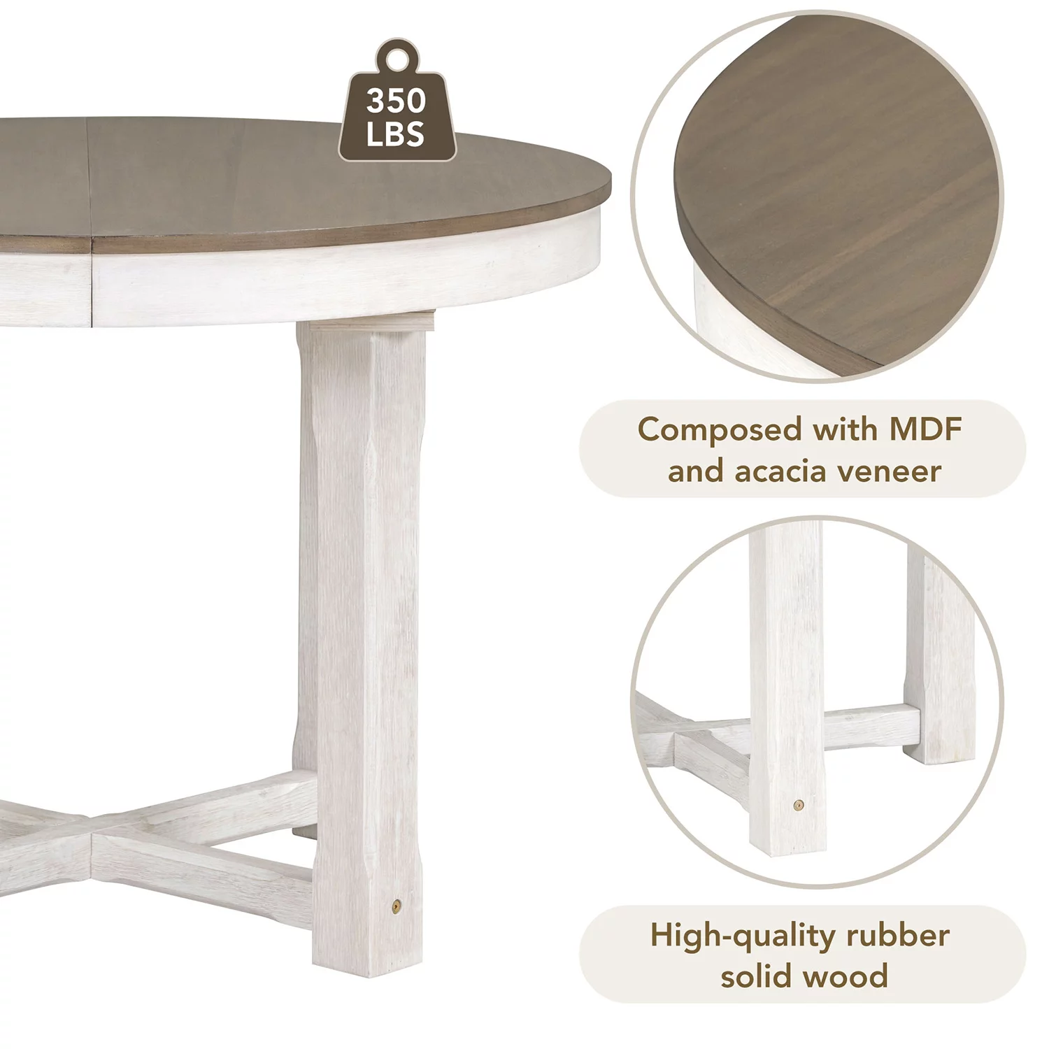 Churanty Farmhouse 5 Piece Round Dining Table Set for 4,Two Size Round to Oval Extendable Butterfly Leaf Wood Dining Table with 4 Upholstered Chairs