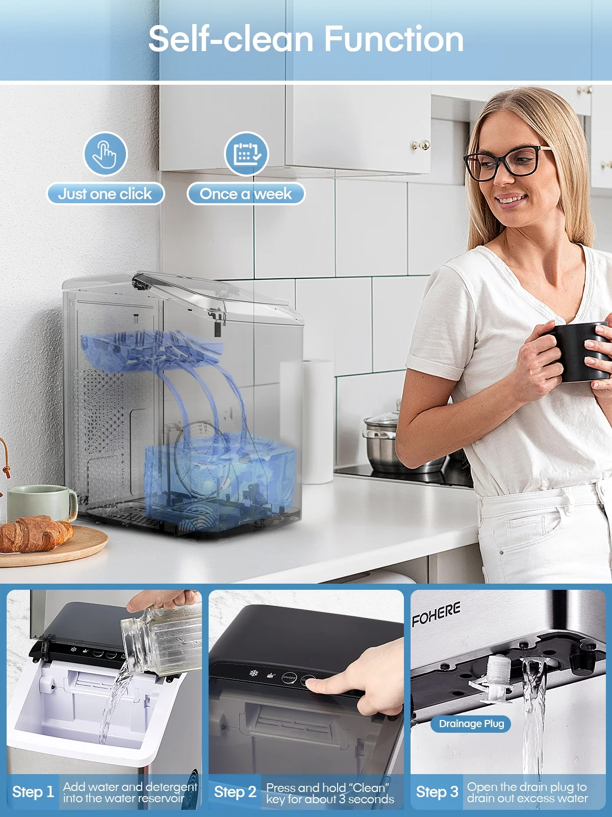 FOHERE Nugget Ice Maker Countertop, 38 Lbs In 24Hrs, Chewable Pellet Ice Cubes, Self-Cleaning Ice Machine, Stainless Steel Housing