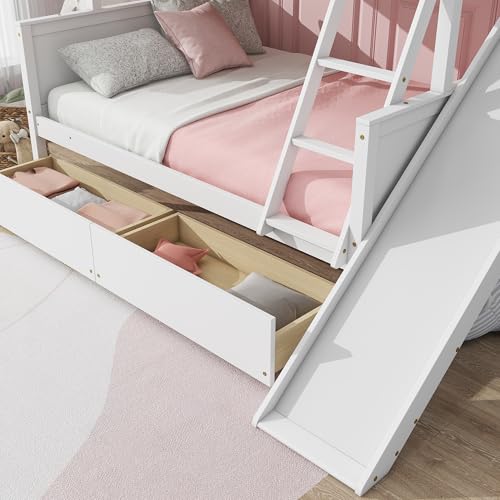 Bunk Beds Twin Over Full Size, Pine Solid Wooden Bunk Bed with Slide, Storage Staircase, Safety Guardrails for Kids, White