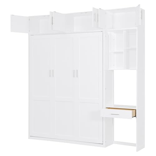 Polibi Full Size Wall Murphy Bed with Built-in Desk & Shelves - Multi-Functional Wall Bed for Small Apartments, 3 Storage Cabinets