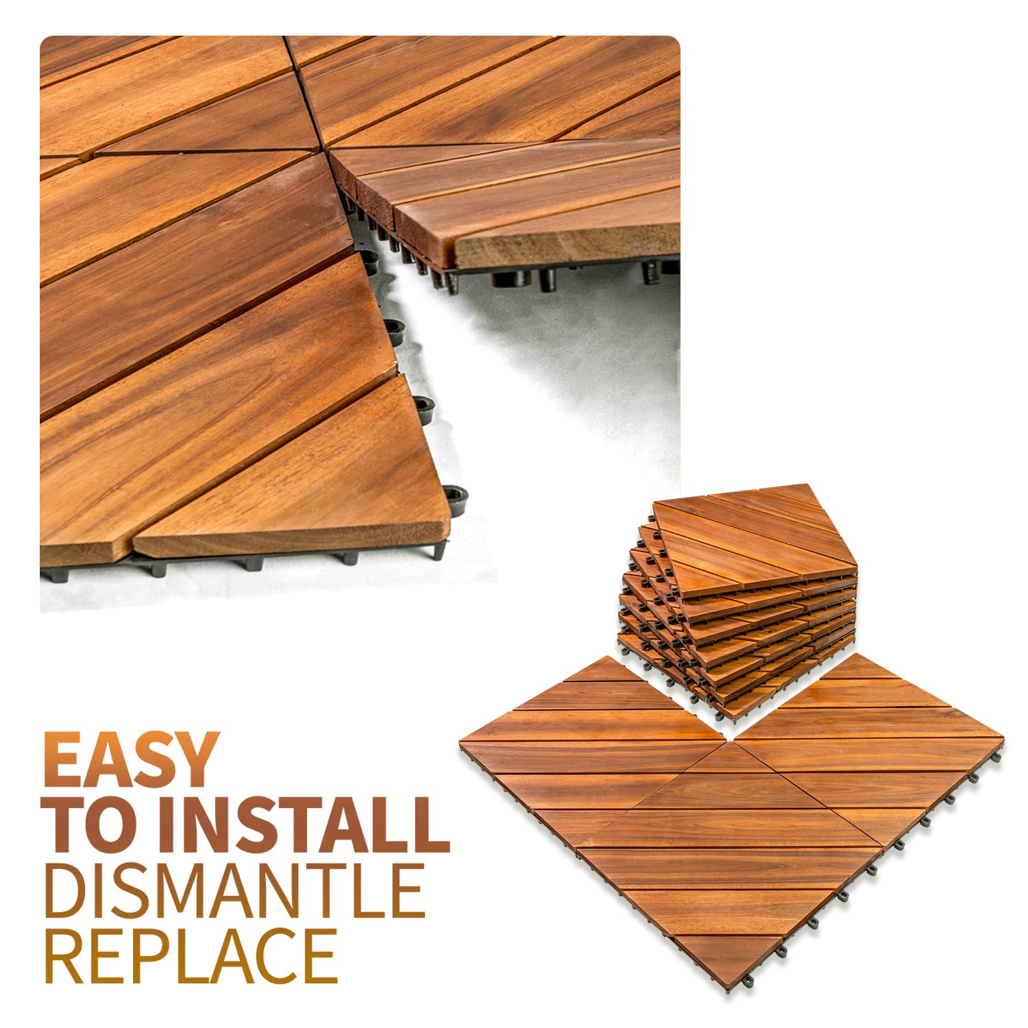 Solid Wood Interlocking Flooring Tiles (Pack of 10, 12 x 12), Acacia Deck Tiles, Floor Tiles for Both Indoor and Outdoor Use
