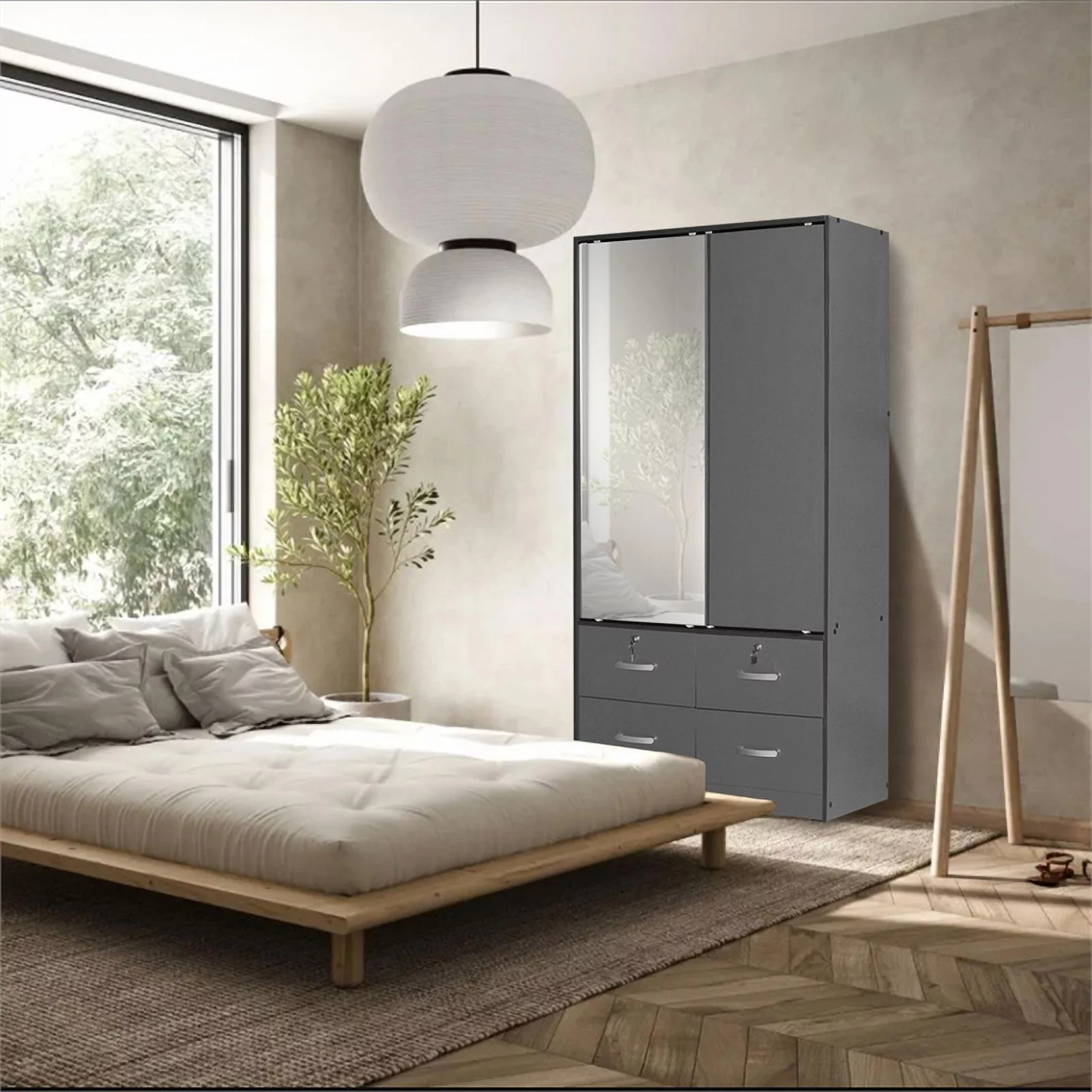 Pemberly Row Double Sliding Door Armoire with Mirror in Dark Gray
