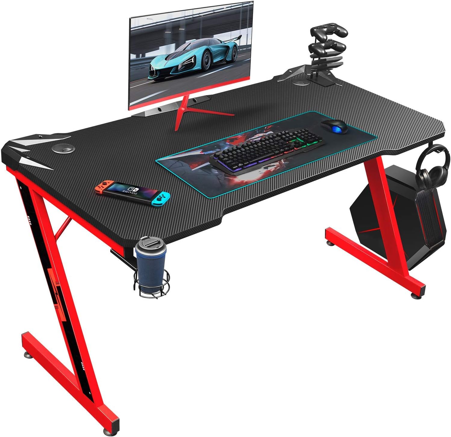Homall Gaming Desk 44 Inch Computer Desk Gaming Table Z Shaped Pc Gaming Workstation Home Office Desk with Carbon Fiber Surface Cup Holder and