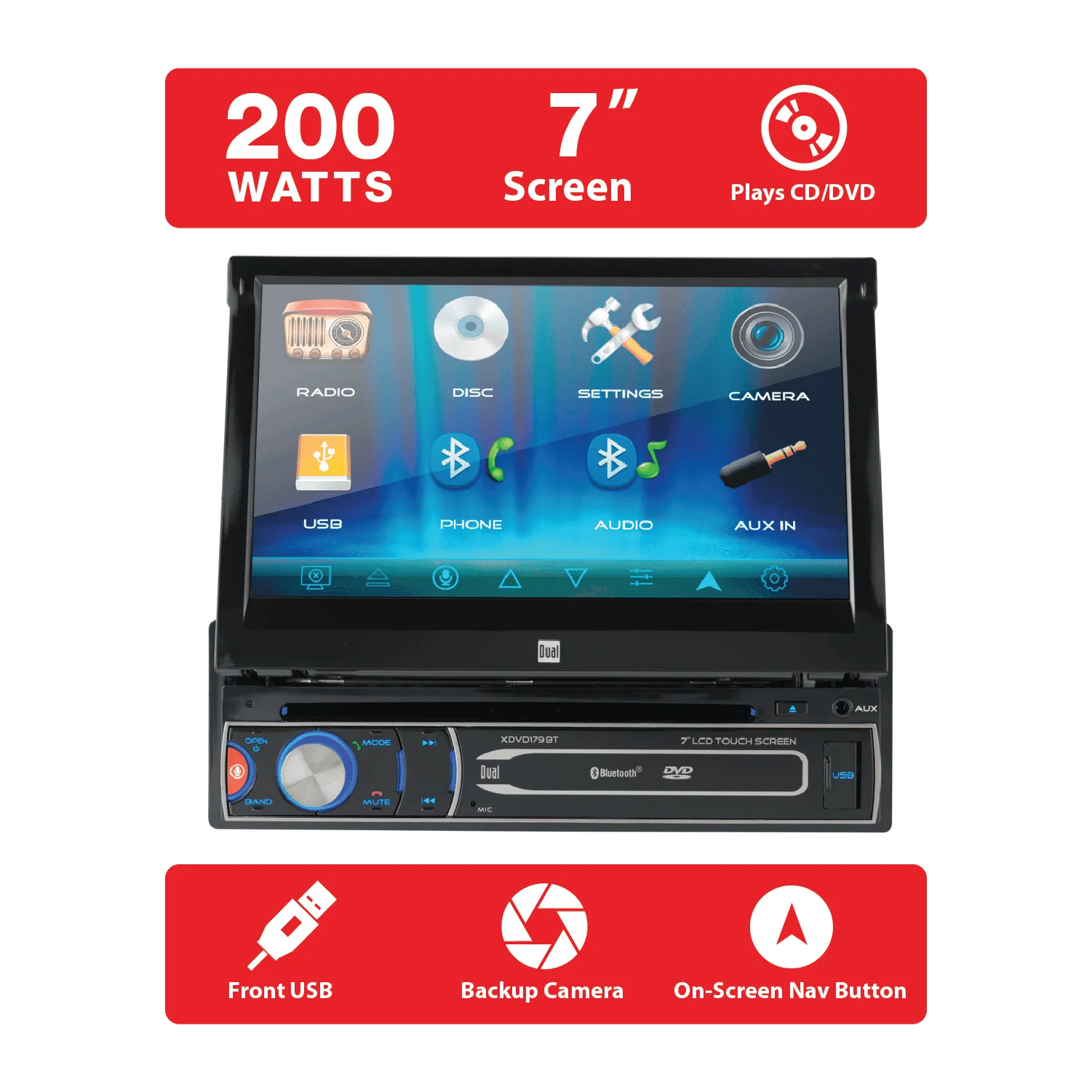 Dual Electronics XDVD179BT 7 inch Single DIN Car Stereo, Motorized Touch Screen, CD/DVD, New