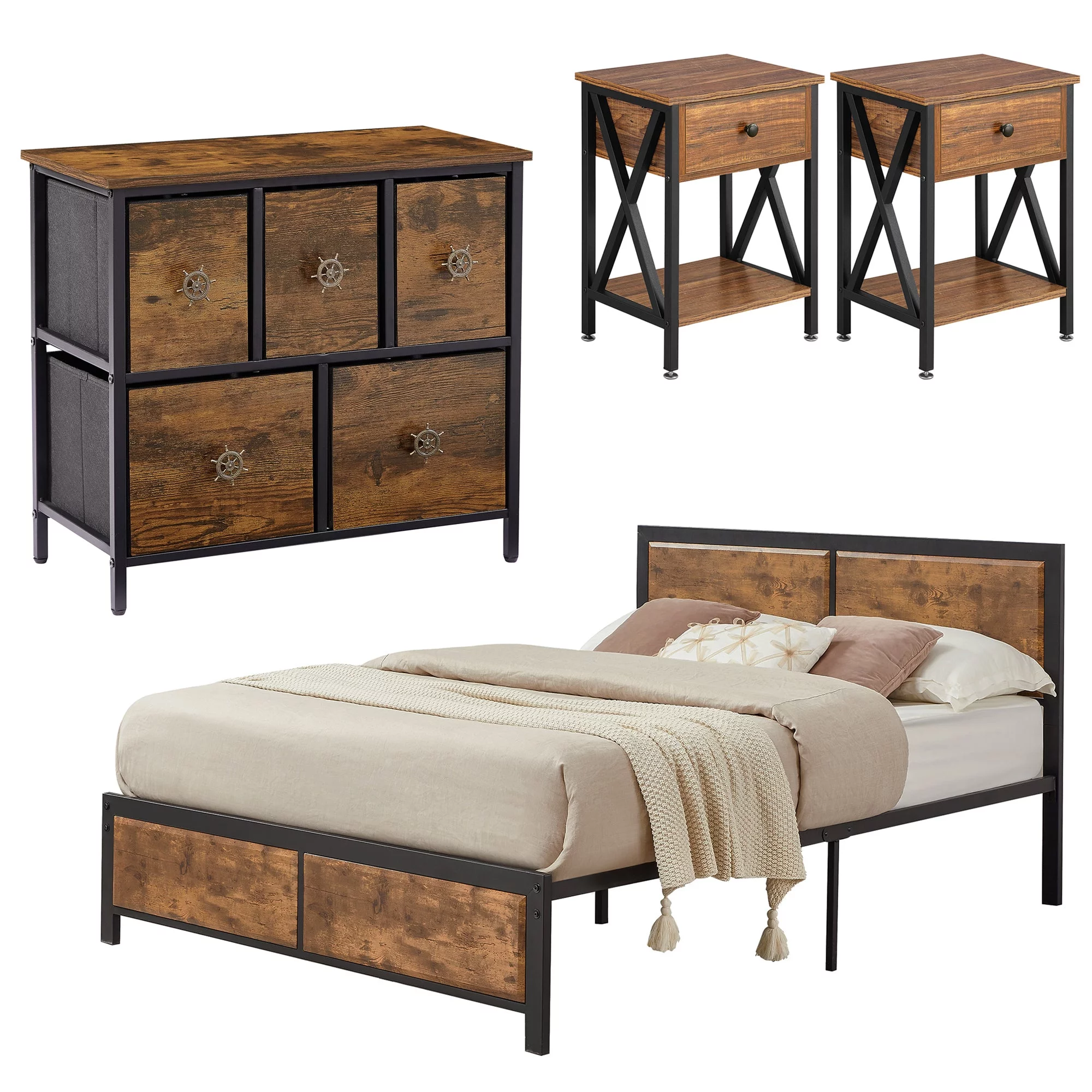 VECELO 4-Piece Bedroom Set with Queen Size Platform Bed Frame & 5-Drawer Dresser & Two Nightstands, Brown