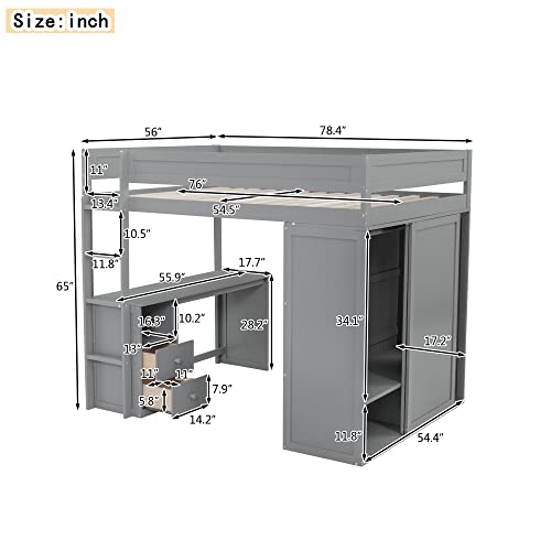 Full Size Loft Bed with L-Shaped Desk, Wardrobe and Storage Shelves, Solid Wood Bedframe w/Safety Guardrails & Ladder for Kids Teens Adults