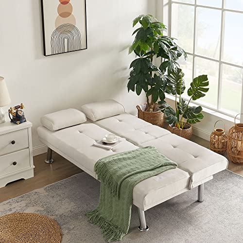 Convertible Folding Futon Sofa Bed,PU Leather Upholstered Modern Couch Loveseat Sleeper, Folding Daybed Guest Bed, Removable Armrests, 2 Cup Holders