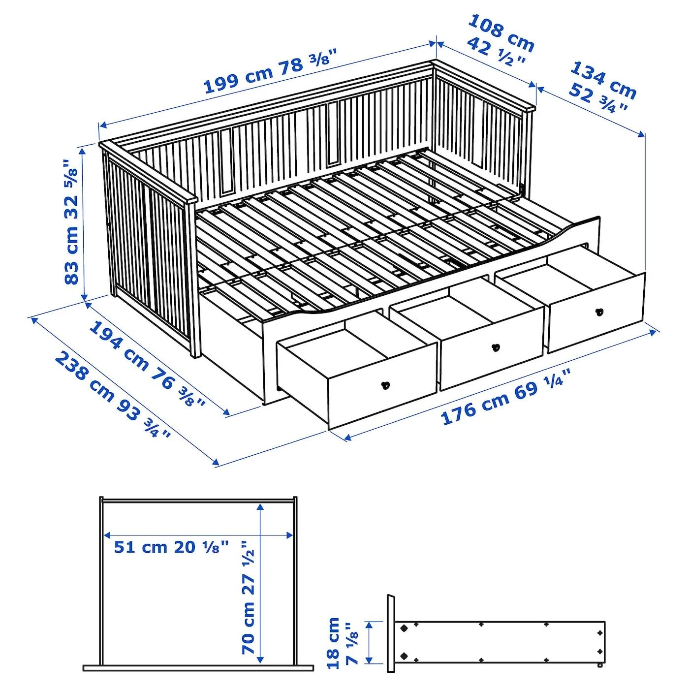 IKEA - HEMNES Daybed Frame with 3 Drawers, black-brown, Twin