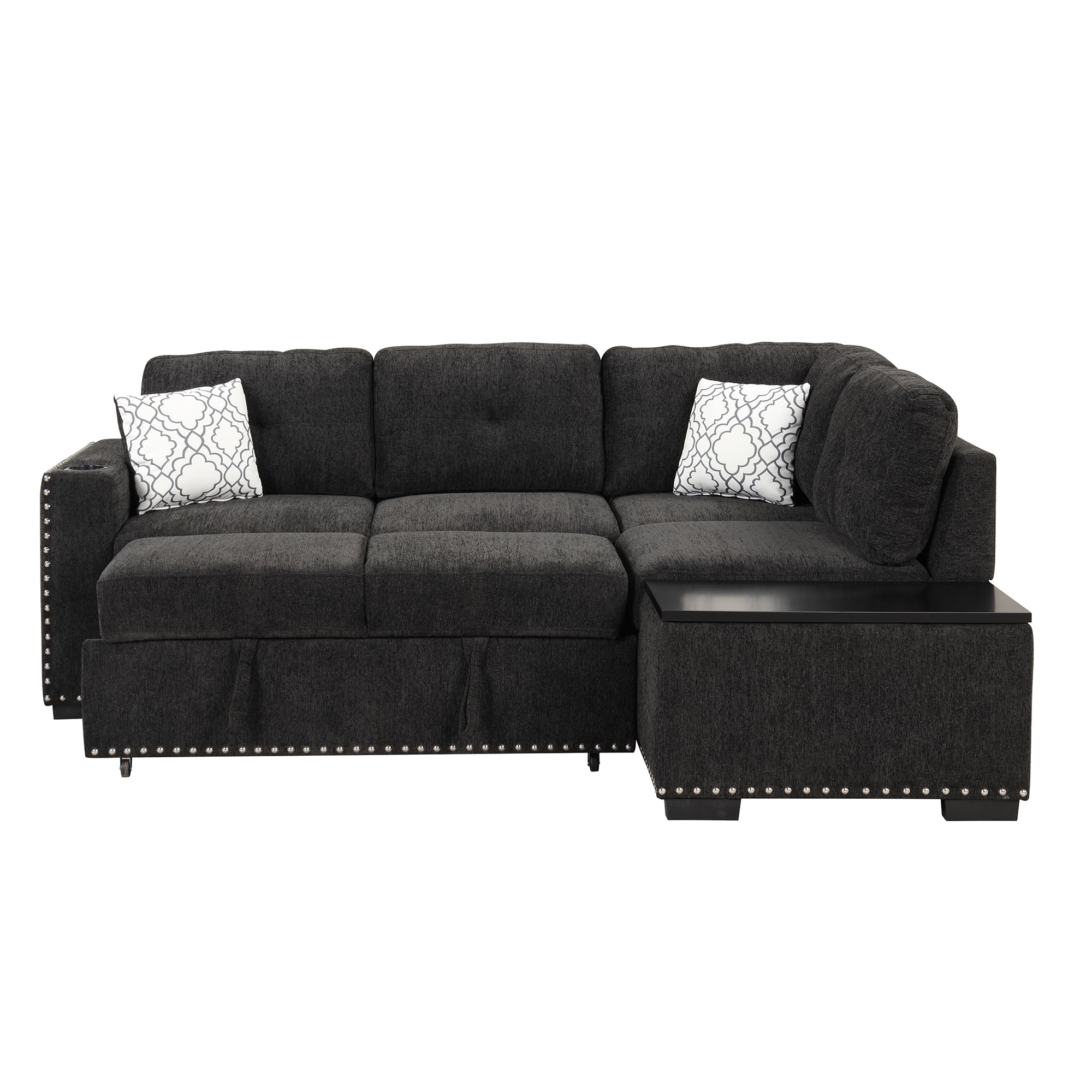 Reversible Sectional Pull-Out Sofa Bed L-Shaped Corner with Storage Chaise, Black