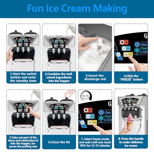 GSEICE Commercial Ice Cream Maker Machine, 2+1 Flavors Soft Serve Machine w/Two Hoppers Cylinders Puffing Pre-Cooling & Frequency Conversion