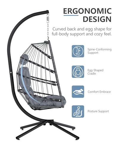 SWITTE Egg Chair Outdoor with Stand, Indoor Wicker Hanging Egg Swing Chair with Cushion, 350lbs Capacity for Patio, Bedroom, Garden - Gray