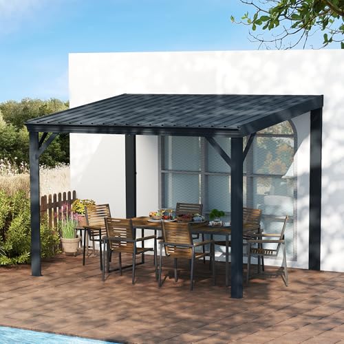 Domi 10' x 14' Lean to Gazebo, Wall Mounted Gazebos Pergola with Built in Drainage System, Galvanized Steel Roof